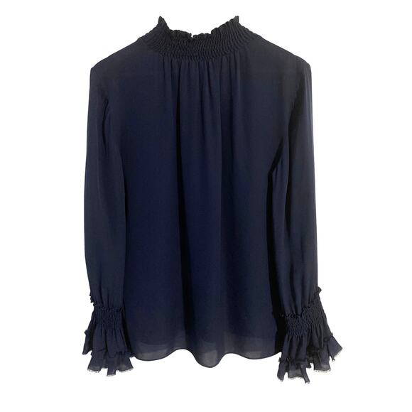 Kobi Halperin blouse women’s size M navy blue 100% silk smocked luxury career - Picture 2 of 4